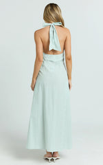 Jeienn Midi Dress - Line Placket Front Skirt Dress in Mint Stripe