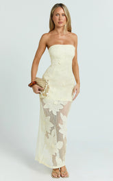 Sienna Midi Dress - Strapless Floral Embroidered Bodycon Dress in Lemon