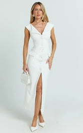 Calista Midi Dress - Boat Neck Button Down Pencil Dress in White