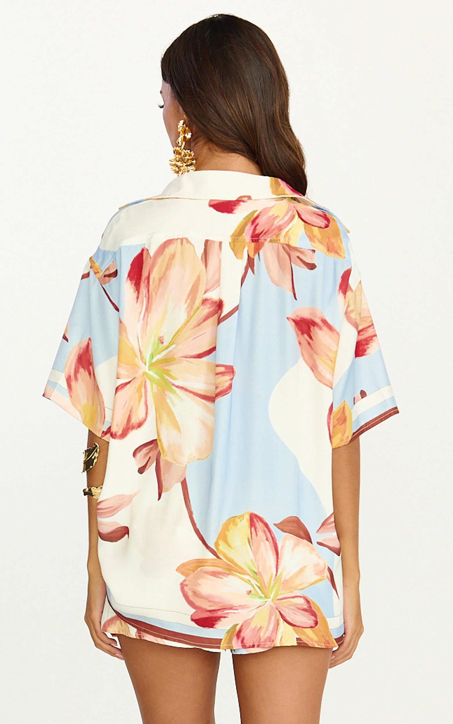 Robyn Shirt - Button Front Short Sleeve Shirt in Retro Flower Border Print