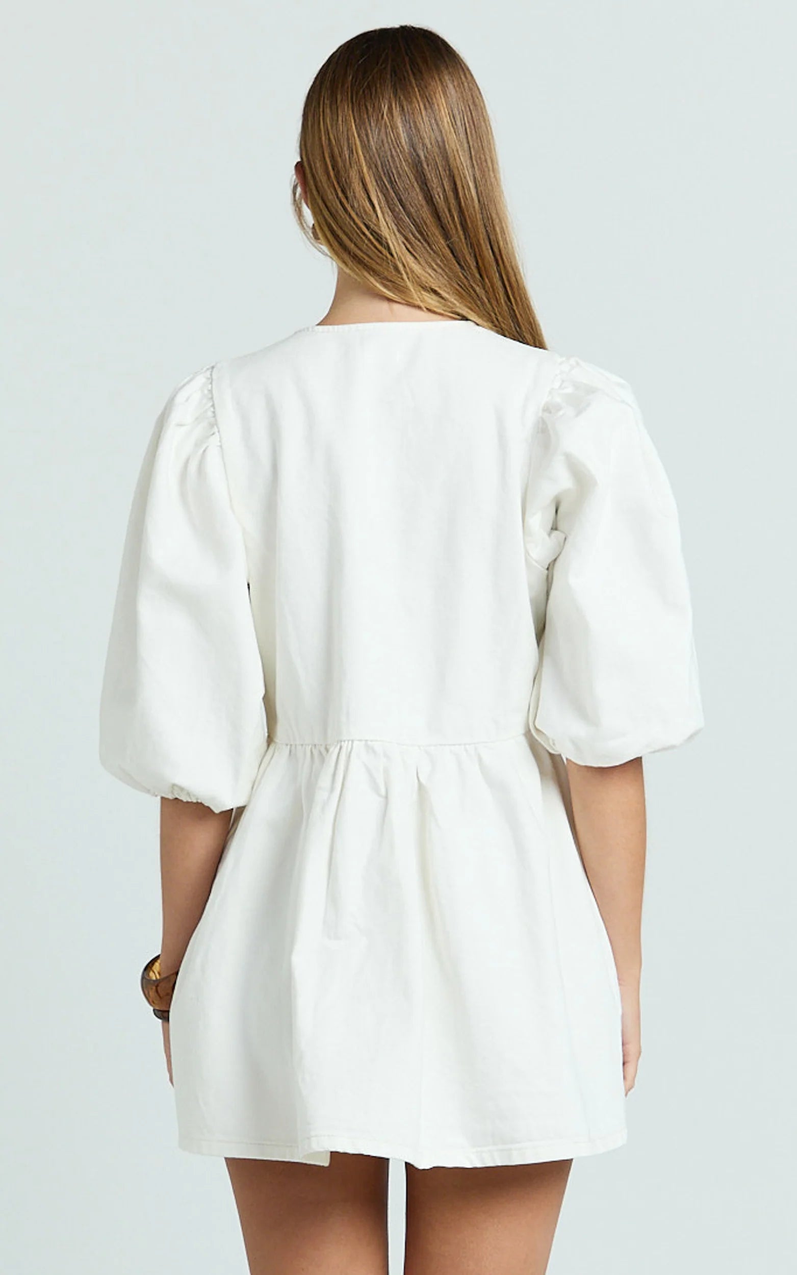 Shailene Mini Dress - Tie Front Puff Sleeve Recycled Denim Dress in Ecru