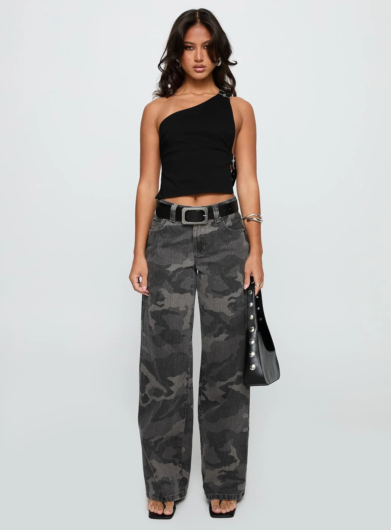 Buckled Down One Shoulder Top Black