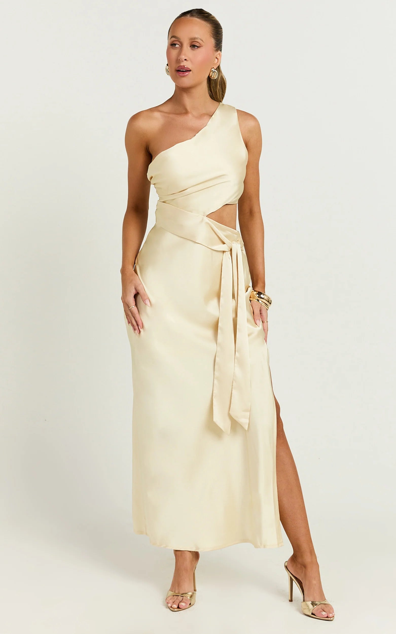 Regina Midi Dress - One Shoulder Cut Out Side Detail  Dress in Butter