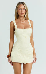 Sienna Mini Dress - Square Neck Floral Embroidered A Line Dress in Lemon